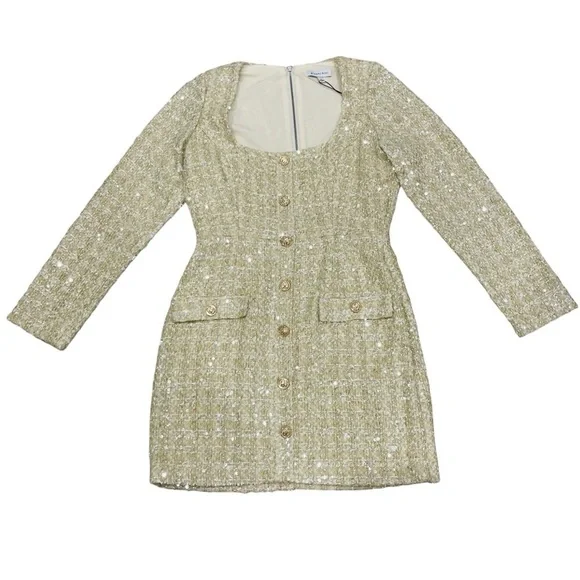 Gianni Bini Lissy Sequin Tweed Long Sleeve Button Front Mini Dress Champagne NEW - Picture 2 of 12